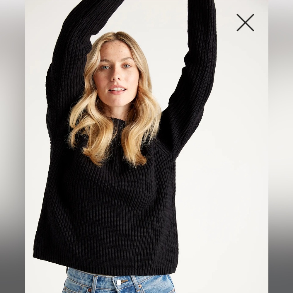 Quince Women's Black Fisherman Crew Neck Sweater 100% Cotton XS